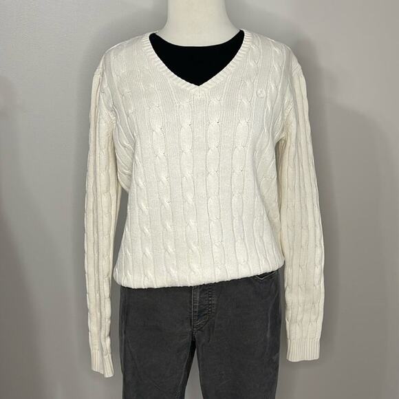 Chaps Ivory V-Neck Cotton Cable Knit Sweater Size M - Picture 1 of 4